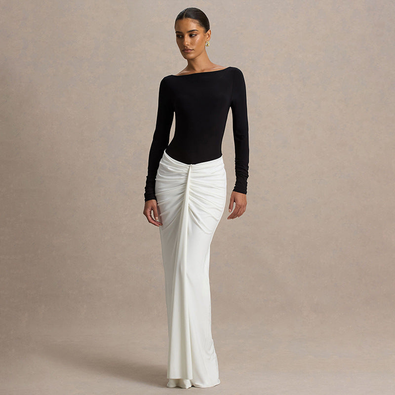 VESTIDO LARGO COMBINADO FRUNCES