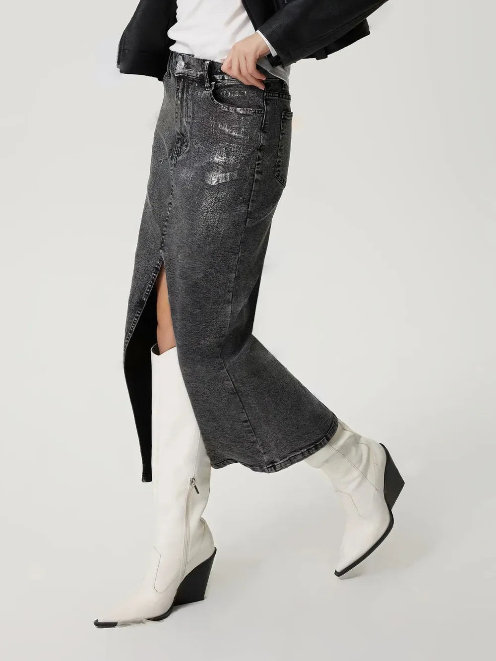 Falda midi denim-metalizada