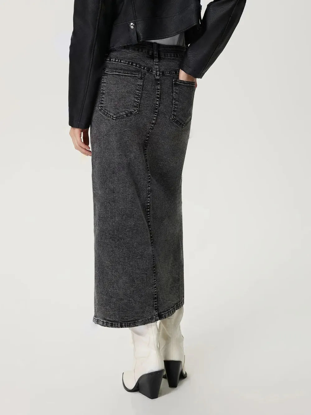 Falda midi denim-metalizada