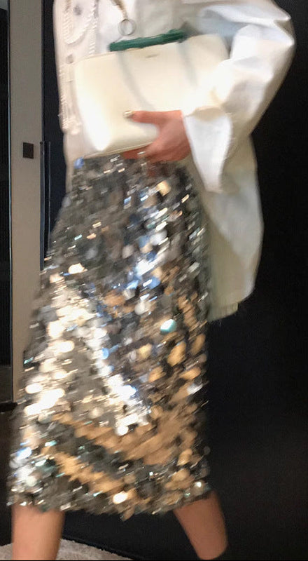Falda midi plateada