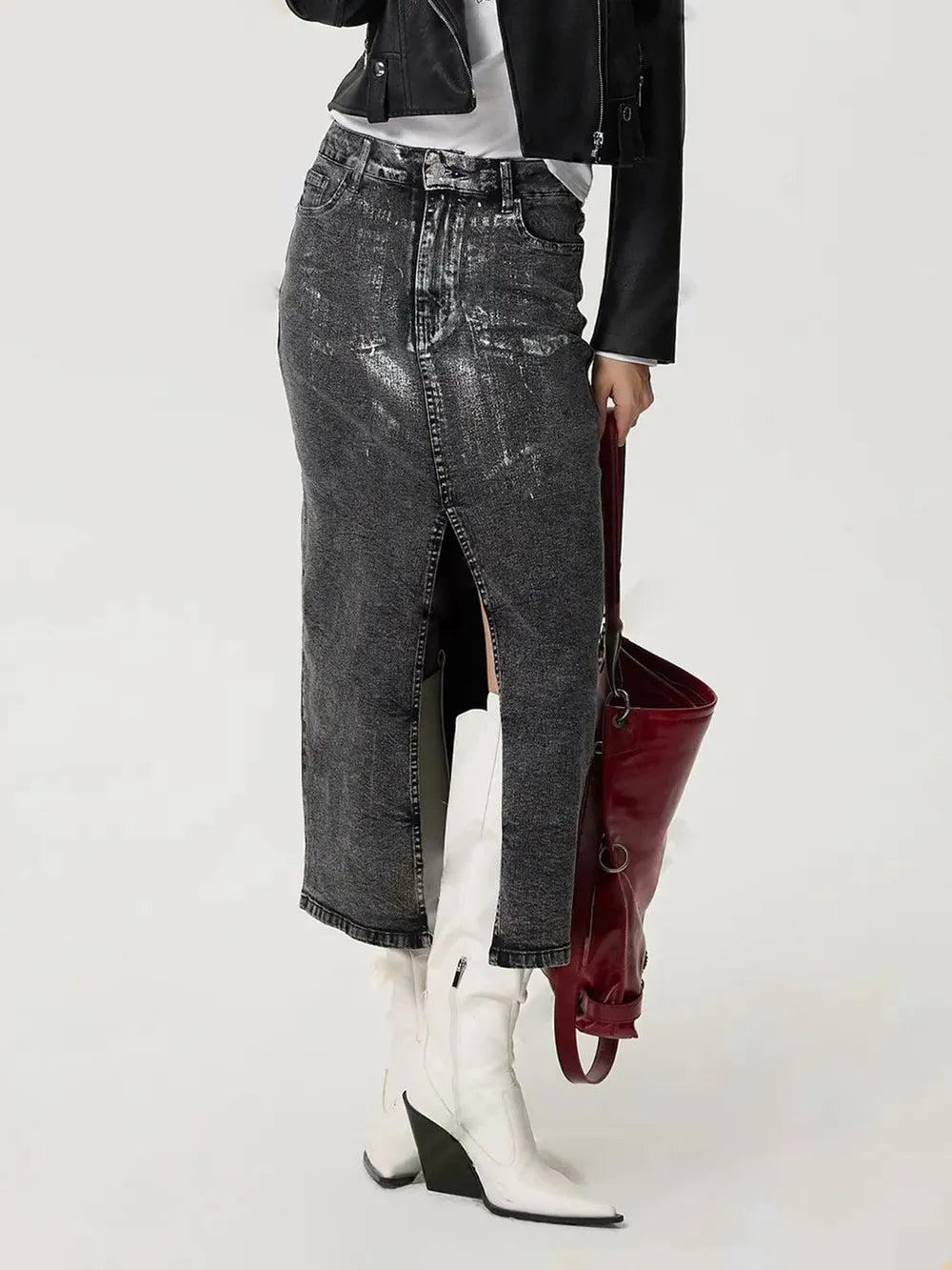 Falda midi denim-metalizada