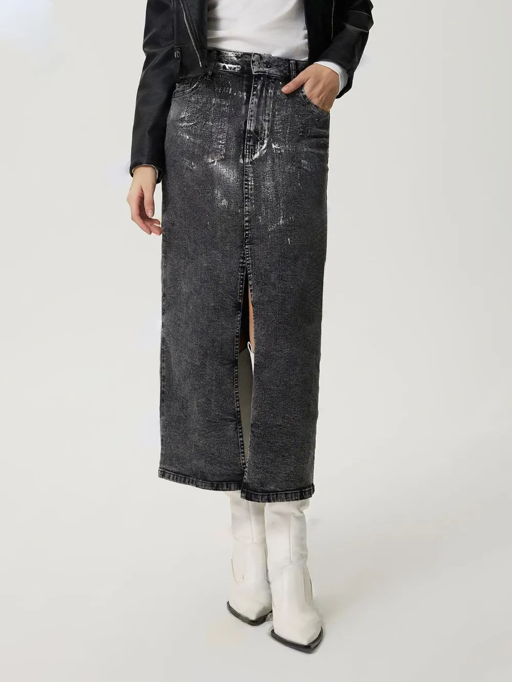 Falda midi denim-metalizada