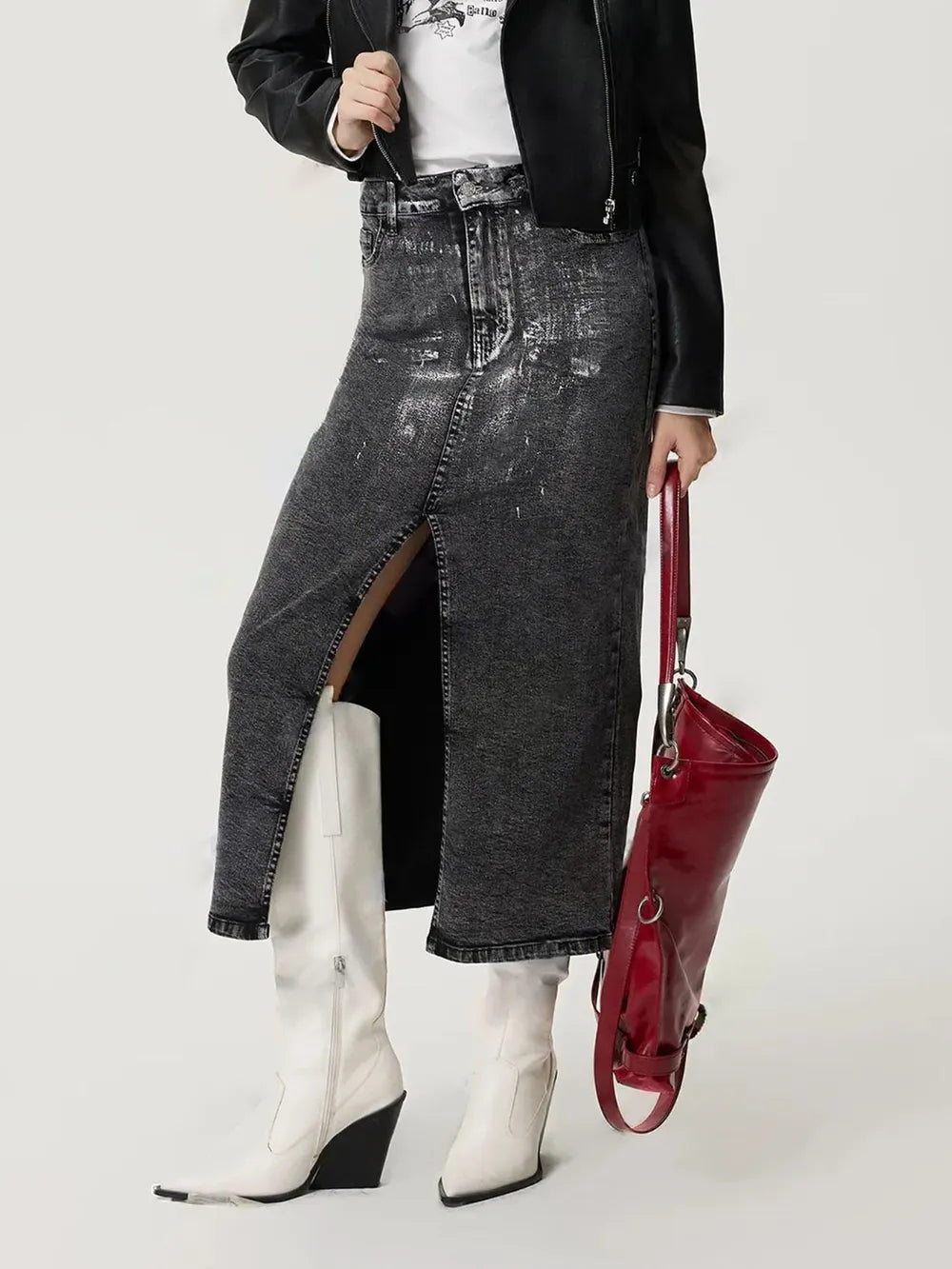 Falda midi denim-metalizada